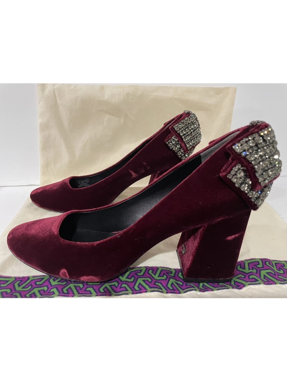 Tory Burch Burgundy Velvet Block Heels with Crystal Buckle Accent